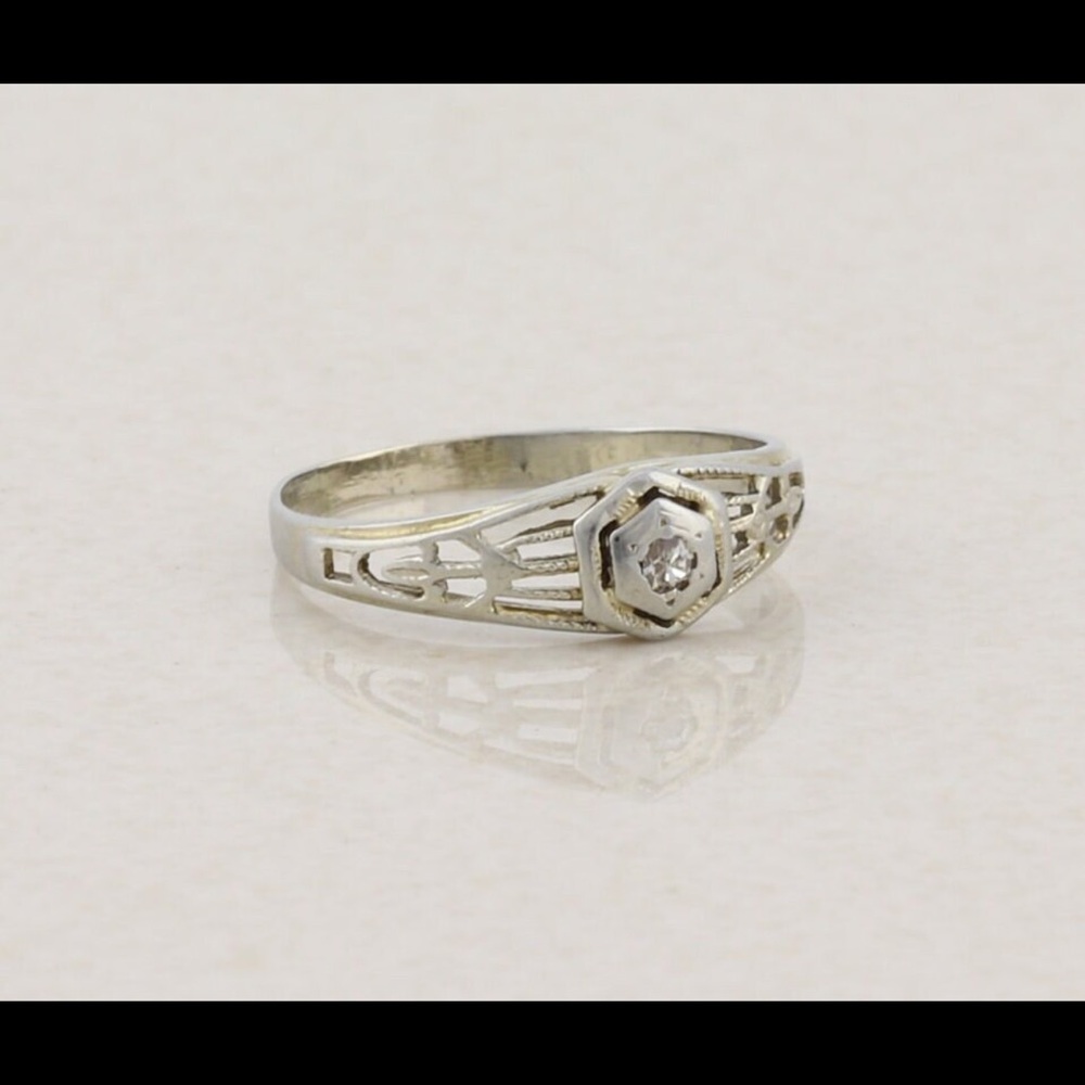 14k White Gold Diamond Ring Petite Antique Art Deco